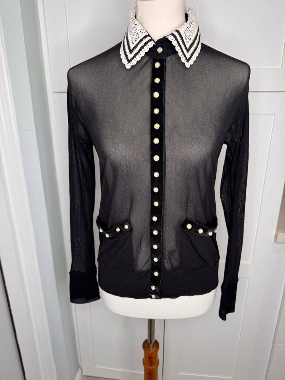 Petit Poi’s By Viviana G Women’s Sheer Collard Mesh Blouse Button Front Size S